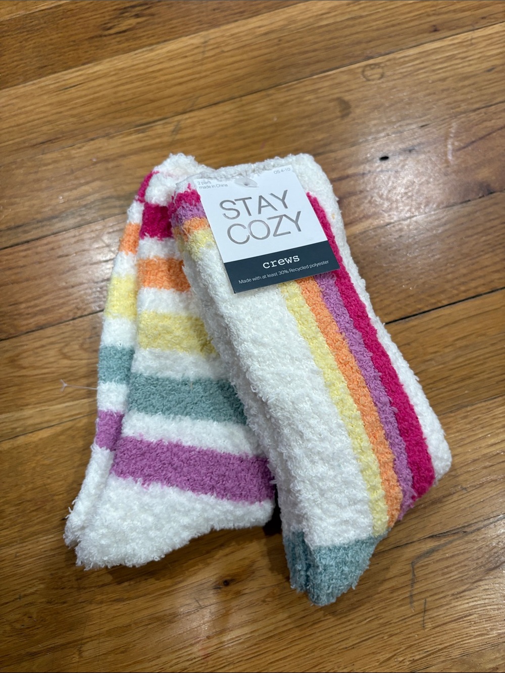 Women's Plush Crew Socks - White with Rainbow Stripes